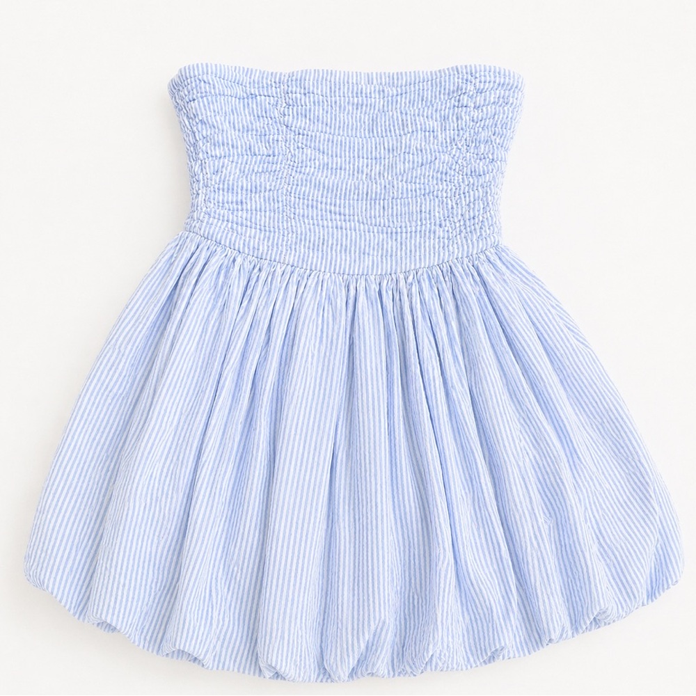Sincerely Jules Light Blue Pinstripe Strapless Smocked Mini Dress